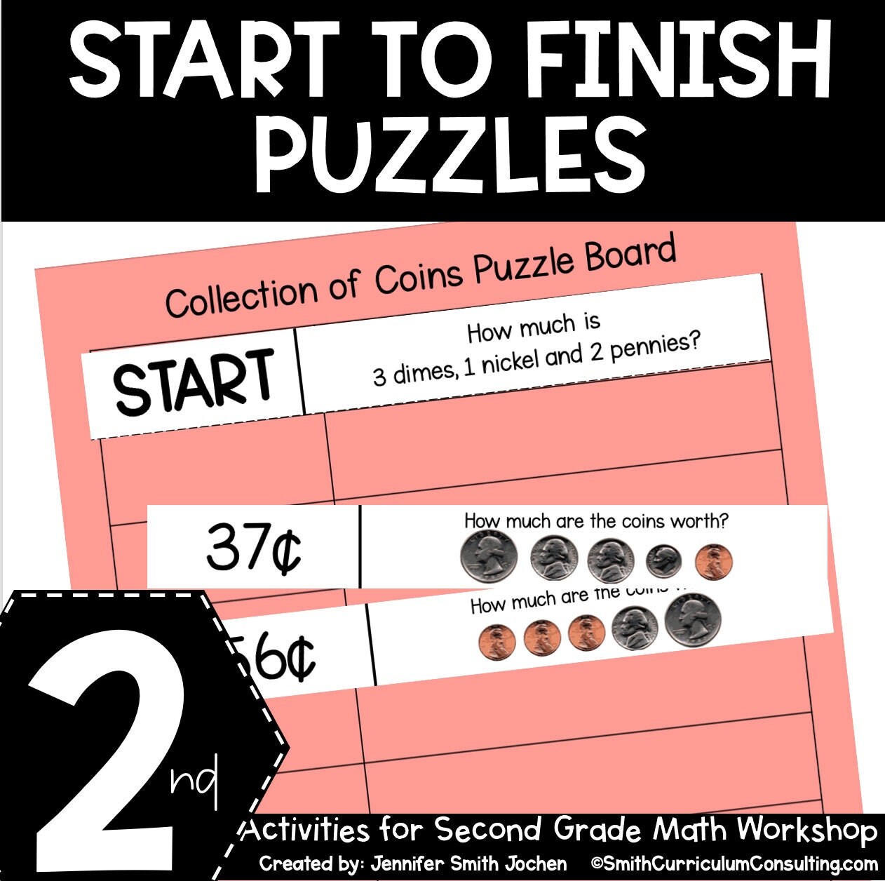 2nd Grade Start to Finish Puzzles Self Checking Math Station - Math Game Math Games - Puzzle - Third Grade Math - Math Worksheet - Practice