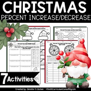 Peut inclure: Un ensemble de sept feuilles de travail sur le thème de Noël pour enseigner l'augmentation et la diminution en pourcentage. Les feuilles de travail présentent un bonhomme de neige, un sapin de Noël et un gnome.