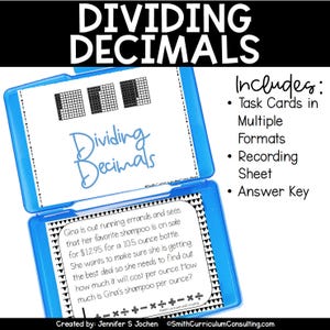 May include: A blue plastic container with a white lid. The lid is open and shows a white card with the text "Dividing Decimals" and a word problem about shampoo. The container also includes a sheet of paper with a grid pattern. The text "Includes: Task Cards in Multiple Formats, Recording Sheet, Answer Key" is on the right side of the image.