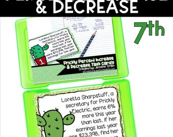 Prickly Percent Increase and Percent Decrease Task Cards TEKS 7.4d Math Station 7th Grade Math Test Prep