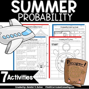 May include: Seven colorful printable activity sheets for teaching probability. The sheets feature a variety of summer-themed activities, including a color-by-code activity, a start-to-finish game, and a probability riddle. The sheets are designed for use in the classroom or at home.