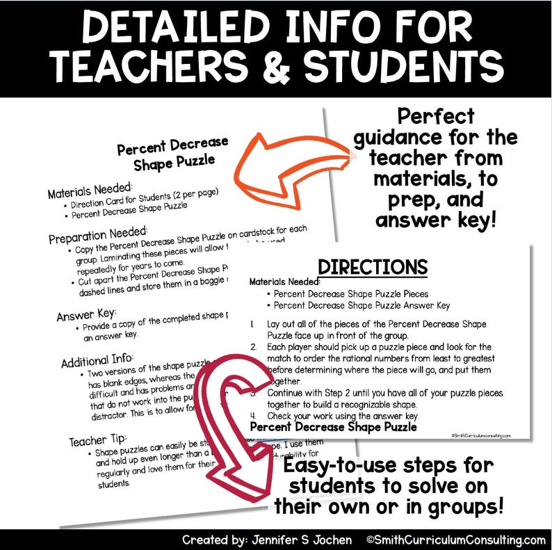 May include: A white educational worksheet with the title "Detailed Info for Teachers & Students" and instructions for a "Percent Decrease Shape Puzzle." Includes directions, materials needed, and an answer key.