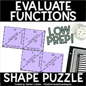 May include: A purple shape puzzle with math equations and the text "EVALUATE FUNCTIONS" and "SHAPE PUZZLE". The words "LOW PREP!" are also visible. Includes a jar of white objects and a notebook.
