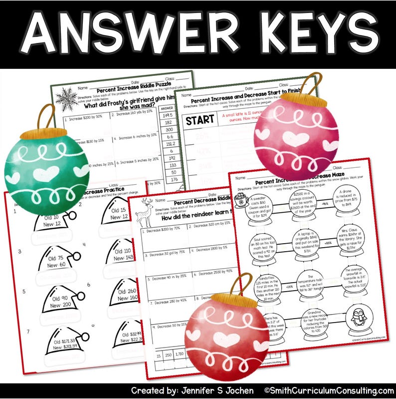 May include: A set of printable worksheets for teaching math concepts like percent increase and decrease. The worksheets feature a Christmas theme with ornaments and reindeer.