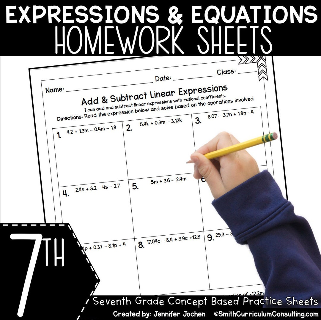 7th Grade Expressions Equations Homework Sheets - Practice Sheets Math
