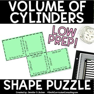 Puede incluir: Un recurso educativo de matemáticas con el título "VOLUME OF CYLINDERS". La imagen presenta un rompecabezas de forma verde con medidas en cm y cálculos de volumen. El texto "LOW PREP!" está en rosa. También se ve un tarro de gomas de borrar y cuadernos.