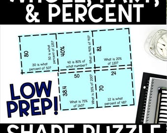 Find the Whole, Part, & Percent Puzzle Percent Shape Activity for 6th–8th Grade Tarsia