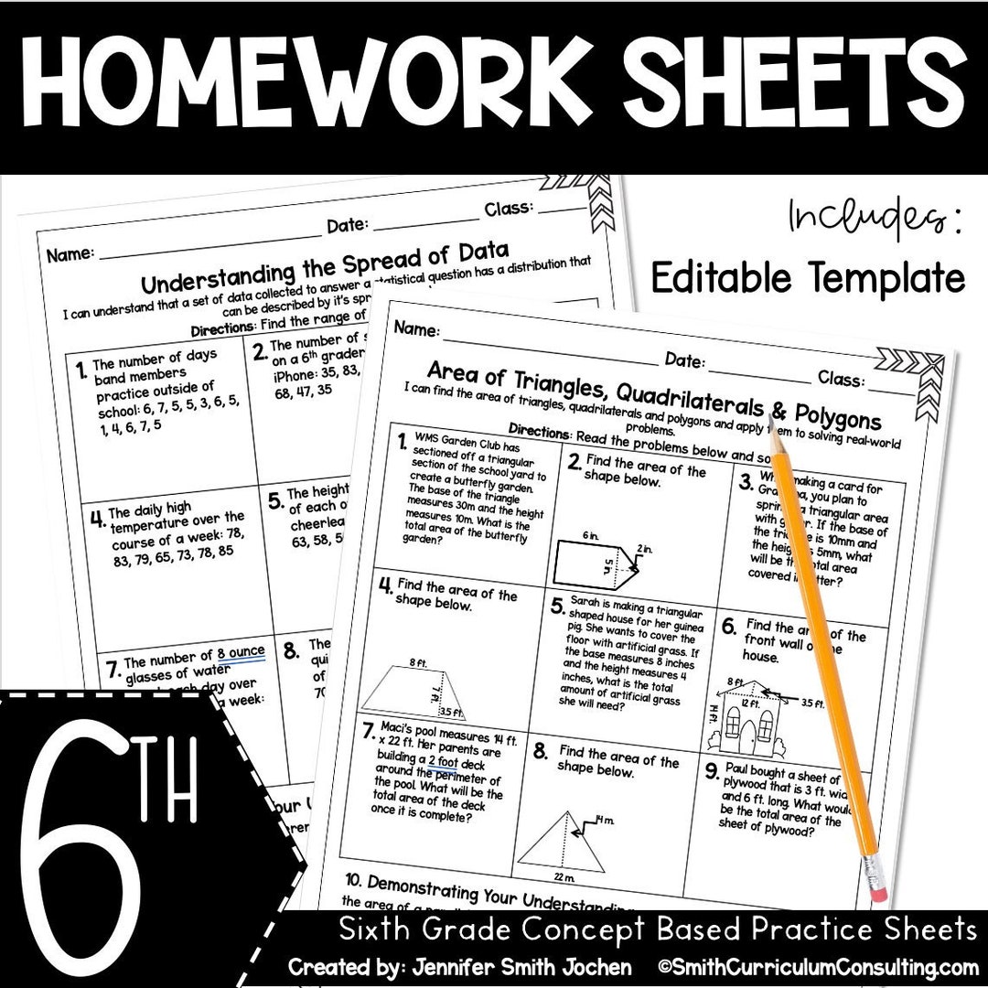 6th Grade Math Homework Sheets for Full Year Bundle Practice Assessment