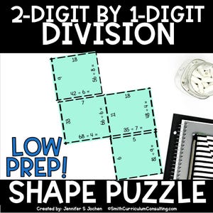 Op de afbeelding: Een turquoise vormpuzzel met deelsommen, met "2-DIGIT BY 1-DIGIT DIVISION" bovenaan. De puzzelstukjes tonen vergelijkingen zoals "42 ÷ 6 = 7" en "68 ÷ 4 = 17". De tekst "LOW PREP! SHAPE PUZZLE" is ook zichtbaar.