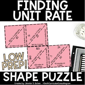 Może przedstawiać: Różowa układanka z tekstem "FINDING UNIT RATE" i "SHAPE PUZZLE". Układanka zawiera zadania matematyczne z cenami, odległościami i ilościami. Wyświetlane są również słowa "LOW PREP!"