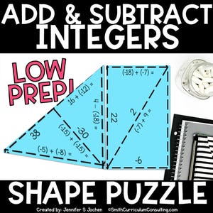以下が含まれることがあります： 整数を加算および減算するための青い形状パズル。パズルは、数学の問題と解答が書かれた3つの三角形のピースで構成されています。「ADD & SUBTRACT INTEGERS」と「SHAPE PUZZLE」の文字が上部と下部にあります。