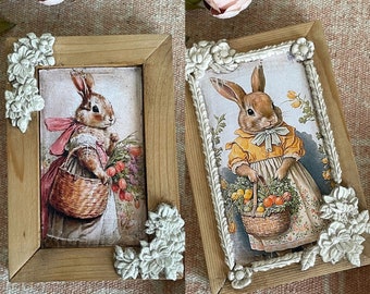 Bunny/Rabbit in pink, yellow dress with basket of flowers. Cottagecore. Wall decor. Frame.