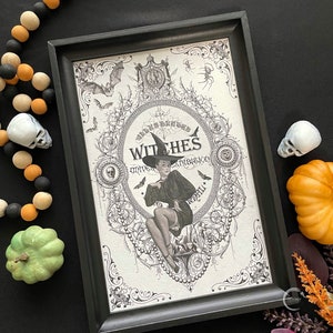 Vintage Witch. Black and White. Oval Frame. Pin up Witch. Halloween Witch.