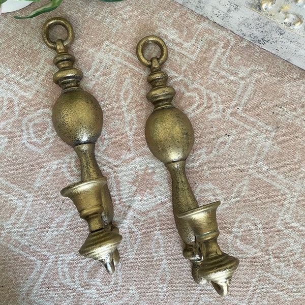 Pair of Iron Wall Candle Sconces. Vintage. Faux brass patina.