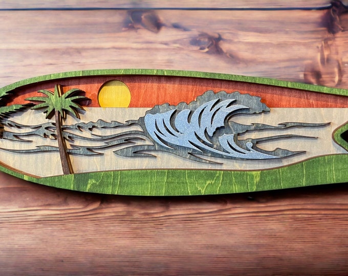 Handcrafted Wooden Surfboard Art: Laser Engraved Coastal Decor for Beach House Walls - Unique Surfing Wall Art and Ocean-Inspired Home Decor