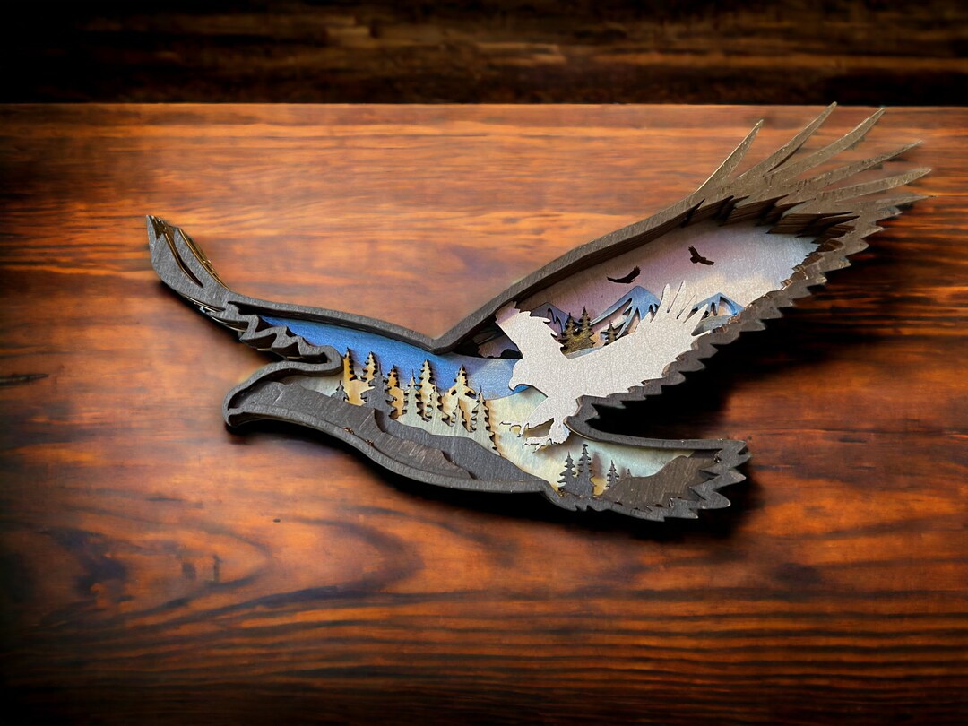 Handcrafted Wooden Layered Flying Eagle Art Laser Engraved Wildlife Decor Unique Eagle Wall