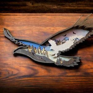 3D Layered Wood Eagle Wall Art - Rustic Cabin Decor, Unique Wildlife Sculpture, Handcrafted Home Accent