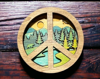 3D Layered Mountain Peace Sign Wall Art: Nature-Inspired Wood Decor for Earth Lovers & Meditation