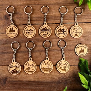 Rustic Laser-Engraved Wood Keychains: Adventure Gifts for Outdoor Enthusiasts, Hikers & Travelers