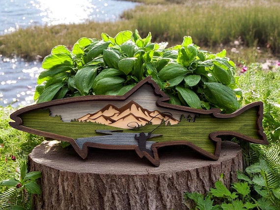 Layered Wood Art - Personalized 3D Trout Wall Decor - Rustic Fly Fishing Cabin Gift