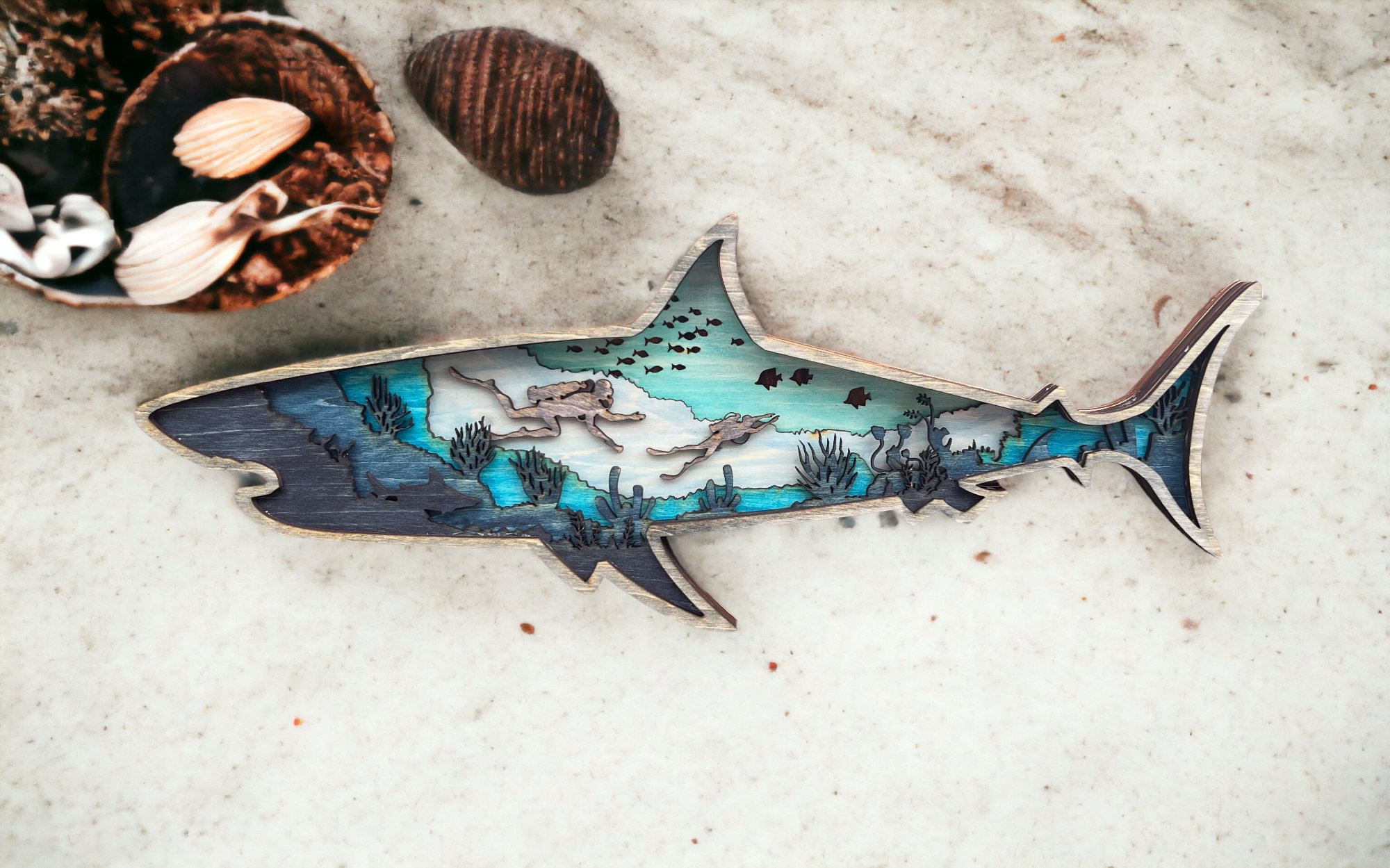 3D Layered Wooden Shark Wall Art: Coastal Beach House Decor