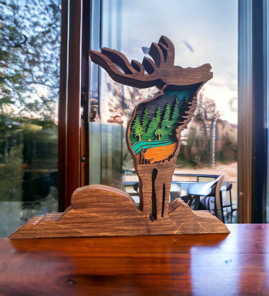 Wooden Elk Elk Wall Decor With Forest and Mountains Elk Etsy