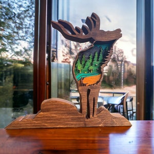 Rustic Wooden Elk Wall Art - Layered Forest Mountain Scene Inspired by Oregon&#39;s Wilderness