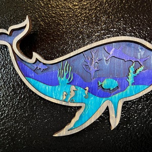 Whimsical Layered Whale Wood Art: Handcrafted Coastal Nursery Decor, Ocean Scene Wall Hanging