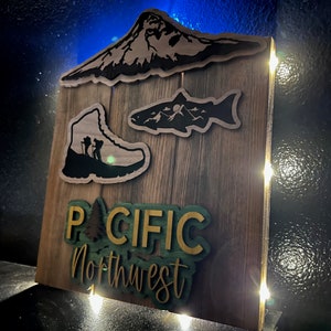 Laser Engraved Mt. Hood Wooden Sign: Pacific Northwest Decor with Scenic Mountains, Fish, and Hikers