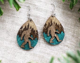 Rustic Wooden Bigfoot Dangle Earrings: Laser-Engraved Sasquatch Jewelry for Nature Enthusiasts
