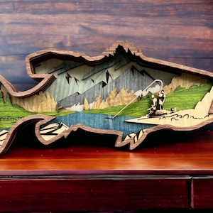 3D Layered Wood Bass Fishing Wall Art - Rustic Home Decor Gift for Outdoor Enthusiasts