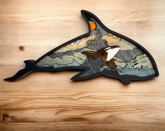 Orca Schwertwal Wandkunst, 3D Schichtholz Küstendekor, personalisierte Gravur auf der Rückseite