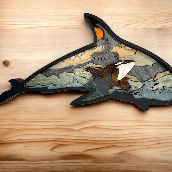 Handcrafted Layered Wood Orca Wall Hanging with Lighthouse Scene - Coastal Beach Decor