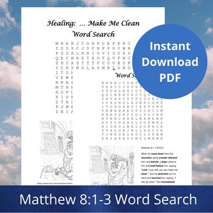 Healing Bible Verse Word Search Game, Matthew 8:1-3, Printable Scripture Word Search, Scripture Art Coloring,  Answer Key  PDF