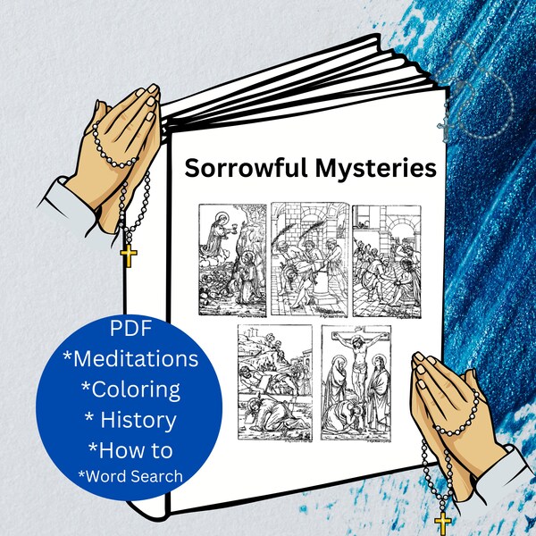 Sorrowful Mysteries Rosary Bundle - Word Search | How to|  Word Search Instant Download Printable Games |Vintage Coloring Pages, Meditations