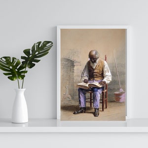 Reading the Bible - Printable Christian Art - African American Man Reading the Bible, Bible Study, Instant Download