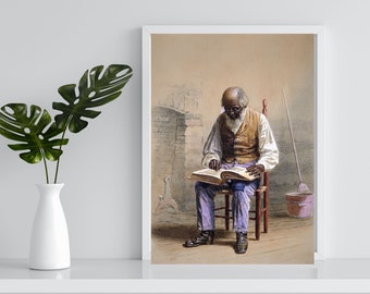 Reading the Bible - Printable Christian Art - African American Man Reading the Bible, Bible Study, Instant Download