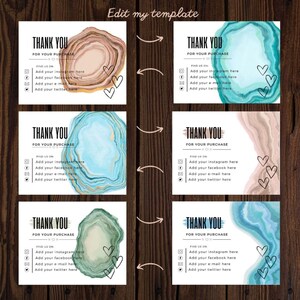 以下が含まれることがあります： 水彩画のデザインが施されたサンキューカードが6枚。各カードには、青、緑、または茶色のカラーパレットで描かれた異なる抽象的なデザインが施されています。カードには、「ありがとう」と「ご購入ありがとうございます」のテキストが印刷されています。カードには、ソーシャルメディアのアイコンと、「フォローする」というテキストが記載されており、ソーシャルメディアのリンクを追加するための指示が記載されています。