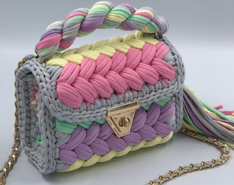 Hand Knitted Crochet Bag: Multi Color T-Shirt Yarn Shoulder Bag