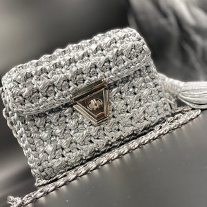 Handbag For Woman, Handmade Metallic Bag, Silver Metallic Bag, Luxury Silver Woman Bag, Evening Crochet Bag, Knitted Metallic Shoulder Bag