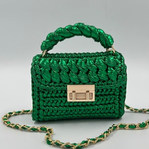 Green Metallic Crochet Bag: Handmade Woven Designer Bag