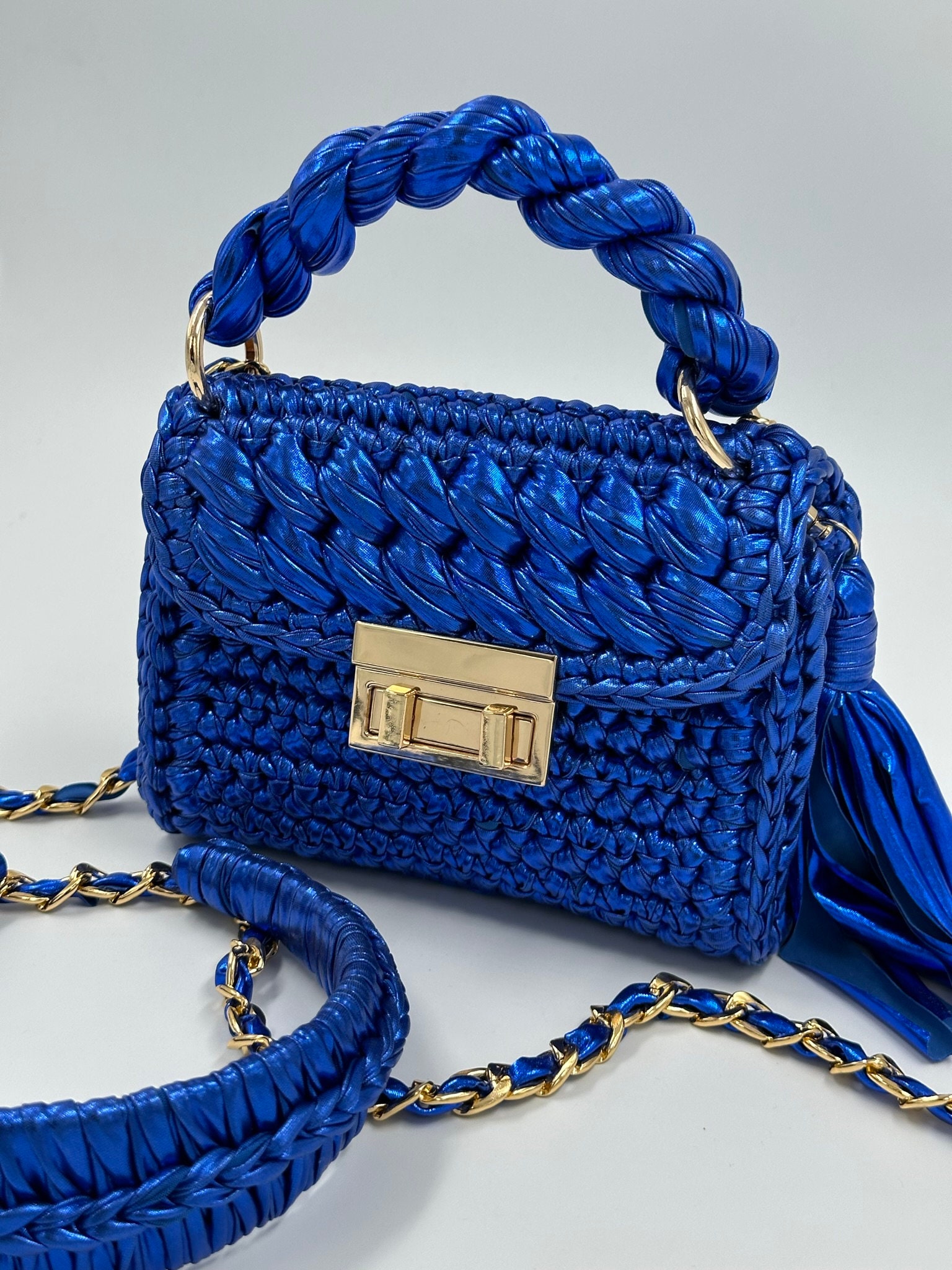 Lilac Metallic Crochet Bag and Headband Set: Hand-woven Designer