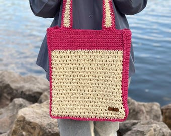 Gehäkelte Bast Einkaufstasche: Summer Beach Shopper mit Baumwollfutter