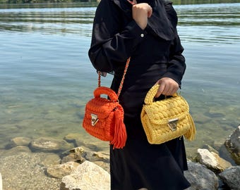 Hand Knitted Yellow Crochet Bag: Cotton Shoulder Bag