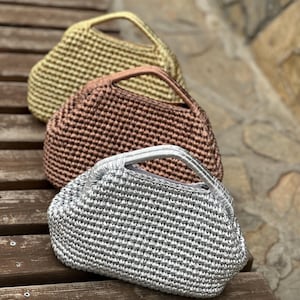 Gold Metallic Raffia Top Handle Woven Pouch Clutch Hand Bag, Evening Leather Crochet Wedding Clutch Bag, Handmade Luxury Metallic Bag