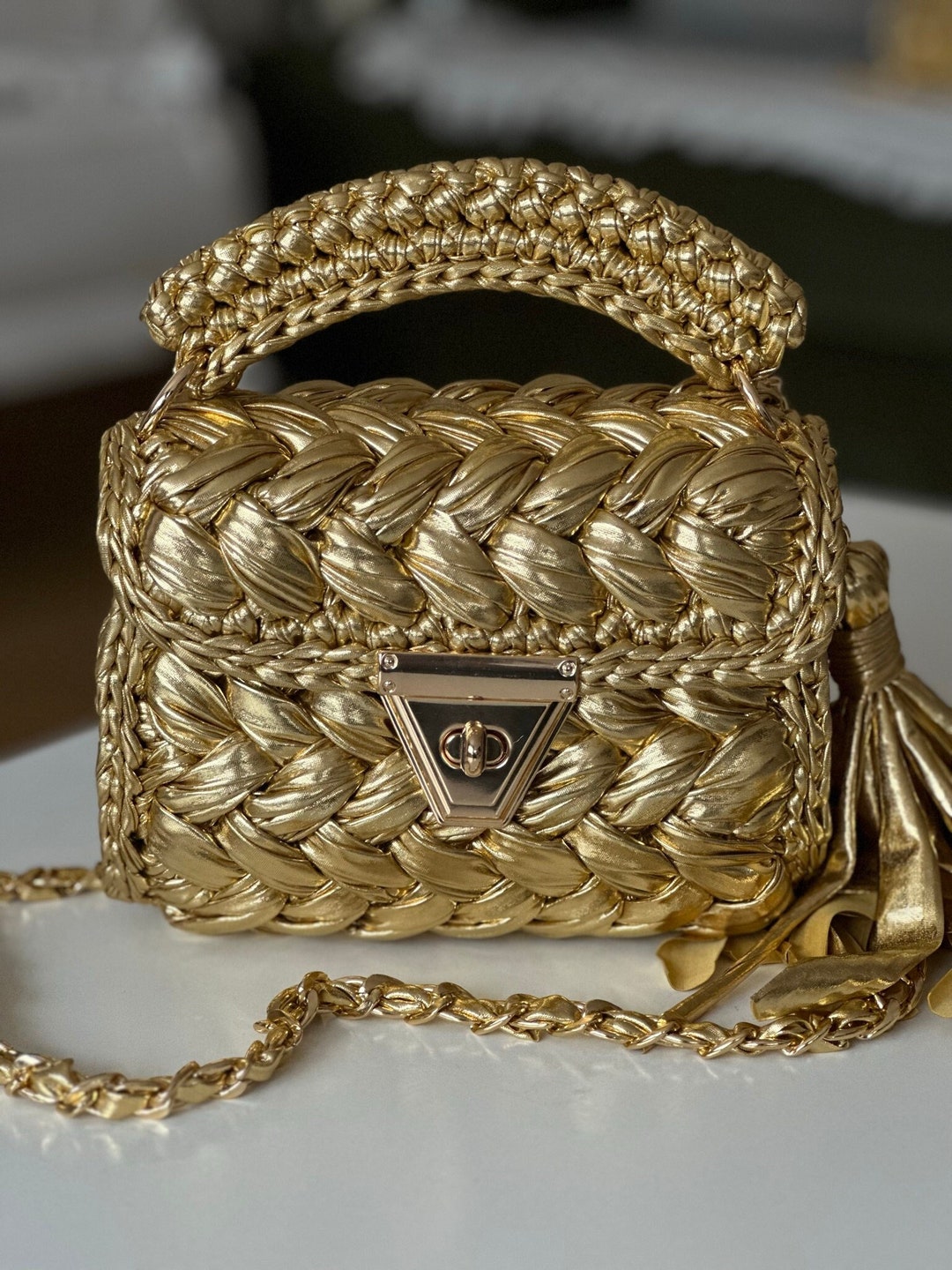 Metallic Gold Bag, Handmade Bag, Crochet Women Bag, Luxury Bag