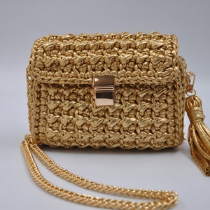 Handbag For Woman ,Handmade Metallic Bag,Gold Metallic Bag,Luxury Gold Woman Bag,Evening Crochet Bag,Knitted Metallic Shoulder Bag