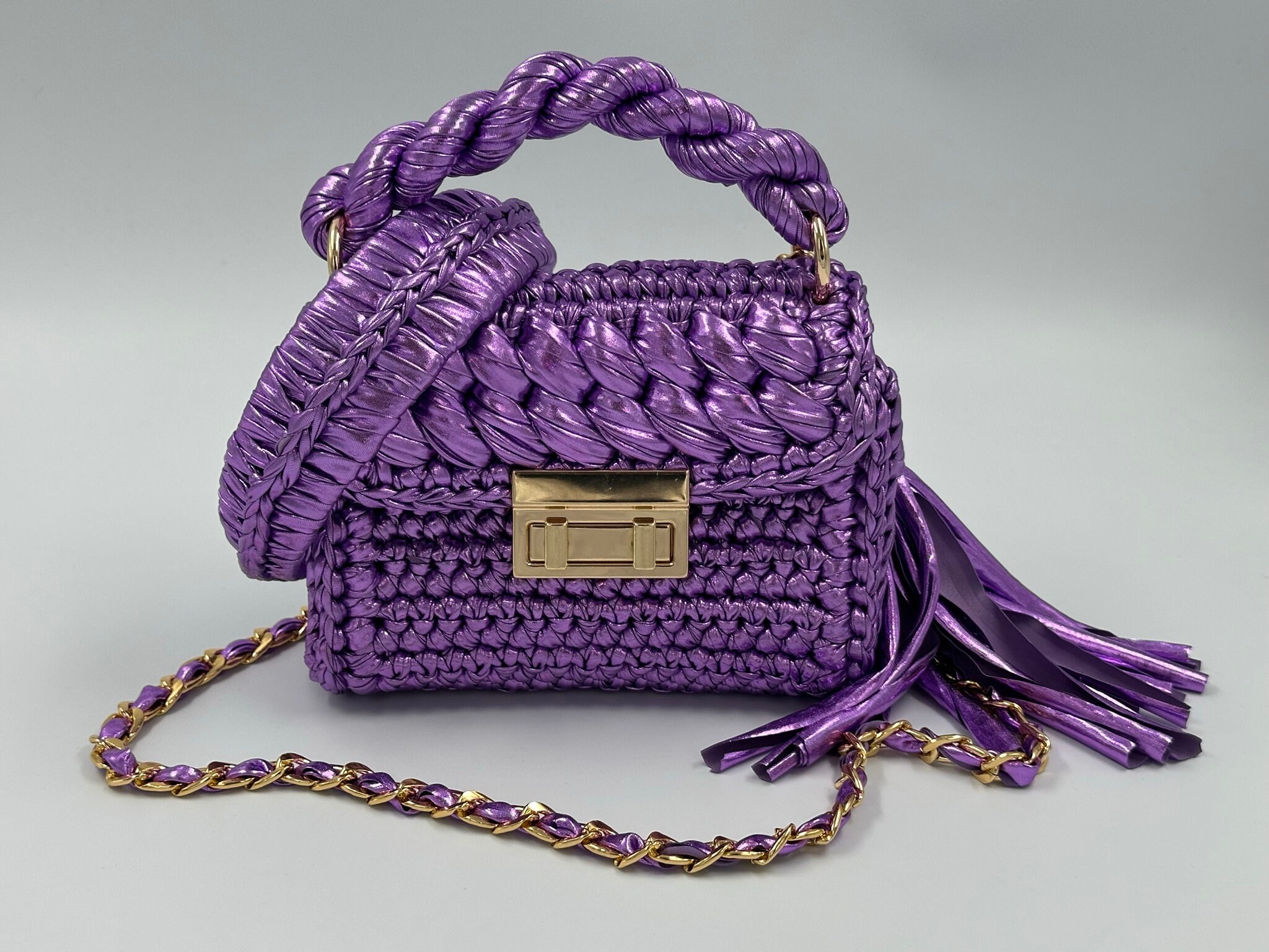 Lilac Metallic Crochet Bag and Headband Set: Hand-woven Designer