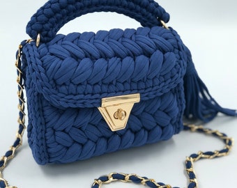 Bolso de algodón de crochet hecho a mano: bolso de hombro de punto azul