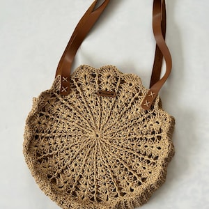 Camel Summer Leather Tote Bag, Straw Beach Shoulder Bag, Crochet Raffia Tote Bag, Shoulder Tote Bag